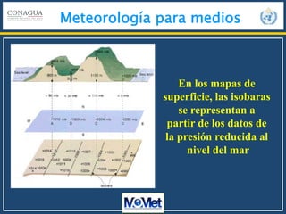 Meteorología para medios
En los mapas de
superficie, las isobaras
se representan a
partir de los datos de
la presión reducida al
nivel del mar
 