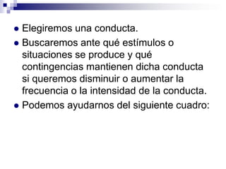 Elegiremos una conducta.
 Buscaremos ante qué estímulos o
situaciones se produce y qué
contingencias mantienen dicha conducta
si queremos disminuir o aumentar la
frecuencia o la intensidad de la conducta.
 Podemos ayudarnos del siguiente cuadro:


 