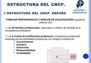 11
 ESTRUCTURA DEL CNCP. ESPAÑA
FAMILIAS PROFESIONALES Y NIVELES DE CUALIFICACIÓN (siguiendo
criterios UE)
 Las 26 familias profesionales: responden a criterios de afinidad de la
competencia profesional.
 Los 5 niveles de cualificación profesional: competencia profesional
requerida por las actividades productivas con arreglo a criterios de:
 Conocimientos
 Iniciativa
 Autonomía
 Responsabilidad
 Complejidad
ESTRUCTURA DEL CNCP.
EDUCACIÓN Y
FORMACIÓN UE
 