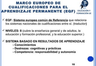16
 EQF: Sistema europeo común de Referencia que relaciona
los sistemas nacionales de cualificaciones entre sí. (traductor)
 NIVELES: 8 (cubre la enseñanza general y de adultos, la
educación y formación profesional, y la educación superior.)
 SISTEMA BASADO EN RESULTADOS DE APRENDIZAJE
- Conocimientos
- Destrezas: cognitivas y prácticas
- Competencia: responsabilidad y autonomía
MARCO EUROPEO DE
CUALIFICACIONES PARA EL
APRENDIZAJE PERMANENTE (EQF) EDUCACIÓN Y
FORMACIÓN UE
 