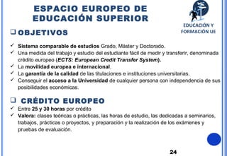 24
 OBJETIVOS
 Sistema comparable de estudios Grado, Máster y Doctorado.
 Una medida del trabajo y estudio del estudiante fácil de medir y transferir, denominada
crédito europeo (ECTS: European Credit Transfer System).
 La movilidad europea e internacional.
 La garantía de la calidad de las titulaciones e instituciones universitarias.
 Conseguir el acceso a la Universidad de cualquier persona con independencia de sus
posibilidades económicas.
 CRÉDITO EUROPEO
 Entre 25 y 30 horas por crédito
 Valora: clases teóricas o prácticas, las horas de estudio, las dedicadas a seminarios,
trabajos, prácticas o proyectos, y preparación y la realización de los exámenes y
pruebas de evaluación.
ESPACIO EUROPEO DE
EDUCACIÓN SUPERIOR
EDUCACIÓN Y
FORMACIÓN UE
 