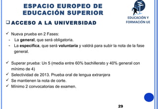 29
 ACCESO A LA UNIVERSIDAD
 Nueva prueba en 2 Fases:
- La general, que será obligatoria.
- La específica, que será voluntaria y valdrá para subir la nota de la fase
general.
 Superar prueba: Un 5 (media entre 60% bachillerato y 40% general con
mínimo de 4)
 Selectividad de 2013. Prueba oral de lengua extranjera
 Se mantienen la nota de corte.
 Mínimo 2 convocatorias de examen.
ESPACIO EUROPEO DE
EDUCACIÓN SUPERIOR
EDUCACIÓN Y
FORMACIÓN UE
 