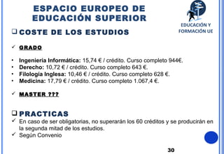 30
 COSTE DE LOS ESTUDIOS
 GRADO
• Ingeniería Informática: 15,74 € / crédito. Curso completo 944€.
• Derecho: 10,72 € / crédito. Curso completo 643 €.
• Filología Inglesa: 10,46 € / crédito. Curso completo 628 €.
• Medicina: 17,79 € / crédito. Curso completo 1.067,4 €.
 MASTER ???
 PRACTICAS
 En caso de ser obligatorias, no superarán los 60 créditos y se producirán en
la segunda mitad de los estudios.
 Según Convenio
ESPACIO EUROPEO DE
EDUCACIÓN SUPERIOR
EDUCACIÓN Y
FORMACIÓN UE
 