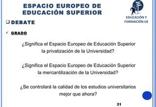 31
 DEBATE
 GRADO
¿Significa el Espacio Europeo de Educación Superior
la privatización de la Universidad?
¿Significa el Espacio Europeo de Educación Superior
la mercantilización de la Universidad?
¿Se controlará la calidad de los estudios universitarios
mejor que ahora?
ESPACIO EUROPEO DE
EDUCACIÓN SUPERIOR
EDUCACIÓN Y
FORMACIÓN UE
 