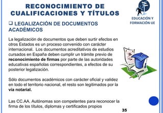 35
 LEGALIZACIÓN DE DOCUMENTOS
ACADÉMICOS
La legalización de documentos que deben surtir efectos en
otros Estados es un proceso convenido con carácter
internacional. Los documentos acreditativos de estudios
cursados en España deben cumplir un trámite previo de
reconocimiento de firmas por parte de las autoridades
educativas españolas correspondientes, a efectos de su
posterior legalización.
Sólo documentos académicos con carácter oficial y validez
en todo el territorio nacional, el resto son legitimados por la
vía notarial.
Las CC.AA. Autónomas son competentes para reconocer la
firma de los títulos, diplomas y certificados propios
RECONOCIMIENTO DE
CUALIFICACIONES Y TÍTULOS
EDUCACIÓN Y
FORMACIÓN UE
 