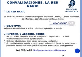 36
 LA RED NARIC
La red NARIC (National Academic Recognition Information Centres) - Centros Nacionales
de Información sobre Reconocimiento Académico.
 OBJETIVO:
Mejorar el reconocimiento académico de títulos o periodos de estudio
 INFORMA Y ASESORA SOBRE:
 Reconocimiento de títulos extranjeros de primer o segundo ciclo u otras
cualificaciones académicas o profesionales;
 Sistemas educativos en otros países europeos y en el propio;
 Oportunidades para estudiar en el extranjero, incluyendo información sobre becas y
préstamos y sobre cuestiones prácticas relativas a la movilidad y la experiencia.
Web ENIC-NARIC: http://www.enic-naric.net/index.aspx
CONVALIDACIONES. LA RED
NARIC
EDUCACIÓN Y
FORMACIÓN UE
 