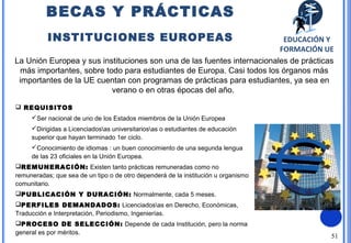 51
La Unión Europea y sus instituciones son una de las fuentes internacionales de prácticas
más importantes, sobre todo para estudiantes de Europa. Casi todos los órganos más
importantes de la UE cuentan con programas de prácticas para estudiantes, ya sea en
verano o en otras épocas del año.
 REQUISITOS
Ser nacional de uno de los Estados miembros de la Unión Europea
Dirigidas a Licenciadosas universitariosas o estudiantes de educación
superior que hayan terminado 1er ciclo.
Conocimiento de idiomas : un buen conocimiento de una segunda lengua
de las 23 oficiales en la Unión Europea.
REMUNERACIÓN: Existen tanto prácticas remuneradas como no
remuneradas; que sea de un tipo o de otro dependerá de la institución u organismo
comunitario.
PUBLICACIÓN Y DURACIÓN: Normalmente, cada 5 meses.
PERFILES DEMANDADOS: Licenciadosas en Derecho, Económicas,
Traducción e Interpretación, Periodismo, Ingenierías.
PROCESO DE SELECCIÓN: Depende de cada Institución, pero la norma
general es por méritos.
BECAS Y PRÁCTICAS
INSTITUCIONES EUROPEAS EDUCACIÓN Y
FORMACIÓN UE
 