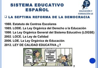 7
 LA SEPTIMA REFORMA DE LA DEMOCRACIA
1980. Estatuto de Centros Escolares
1985. LODE. La Ley Orgánica del Derecho a la Educación
1990. La Ley Orgánica General del Sistema Educativo (LOGSE)
2002. LOCE. La Ley de Calidad
2006. LOE. La Ley Orgánica de Educación.
2012. LEY DE CALIDAD EDUCATIVA ¿?
SISTEMA EDUCATIVO
ESPAÑOL EDUCACIÓN Y
FORMACIÓN UE
 