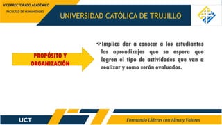 UNIVERSIDAD CATÓLICA DE TRUJILLO
FACULTAD DE HUMANIDADES
VICERRECTORADO ACADÉMICO
PROPÓSITO Y
ORGANIZACIÓN
Implica dar a conocer a los estudiantes
los aprendizajes que se espera que
logren el tipo de actividades que van a
realizar y como serán evaluados.
 