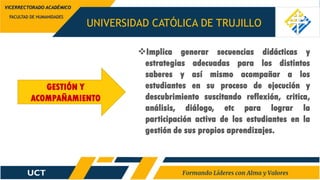 UNIVERSIDAD CATÓLICA DE TRUJILLO
FACULTAD DE HUMANIDADES
VICERRECTORADO ACADÉMICO
GESTIÓN Y
ACOMPAÑAMIENTO
Implica generar secuencias didácticas y
estrategias adecuadas para los distintos
saberes y así mismo acompañar a los
estudiantes en su proceso de ejecución y
descubrimiento suscitando reflexión, critica,
análisis, diálogo, etc para lograr la
participación activa de los estudiantes en la
gestión de sus propios aprendizajes.
 