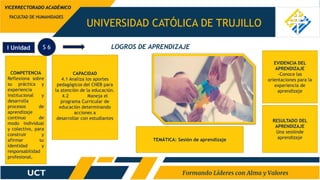 UNIVERSIDAD CATÓLICA DE TRUJILLO
FACULTAD DE HUMANIDADES
VICERRECTORADO ACADÉMICO
LOGROS DE APRENDIZAJE
S 6
I Unidad
COMPETENCIA
Reflexiona sobre
su práctica y
experiencia
institucional y
desarrolla
procesos de
aprendizaje
continuo de
modo individual
y colectivo, para
construir y
afirmar su
identidad y
responsabilidad
profesional.
CAPACIDAD
4.1 Analiza los aportes
pedagógicos del CNEB para
la atención de la educación.
4.2 Maneja el
programa Curricular de
educación determinando
acciones a
desarrollar con estudiantes
EVIDENCIA DEL
APRENDIZAJE
-Conoce las
orientaciones para la
experiencia de
aprendizaje
TEMÁTICA: Sesión de aprendizaje
RESULTADO DEL
APRENDIZAJE
Una sesiónde
aprendizaje
 