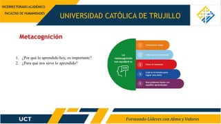 UNIVERSIDAD CATÓLICA DE TRUJILLO
Metacognición
VICERRECTORADO ACADÉMICO
FACULTAD DE HUMANIDADES
1. ¿Por qué lo aprendido hoy, es importante?
2. ¿Para qué nos sirve lo aprendido?
 