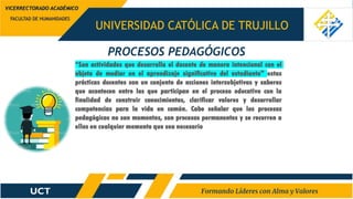 UNIVERSIDAD CATÓLICA DE TRUJILLO
FACULTAD DE HUMANIDADES
VICERRECTORADO ACADÉMICO
“Son actividades que desarrolla el docente de manera intencional con el
objeto de mediar en el aprendizaje significativo del estudiante" estas
prácticas docentes son un conjunto de acciones intersubjetivas y saberes
que acontecen entre los que participan en el proceso educativo con la
finalidad de construir conocimientos, clarificar valores y desarrollar
competencias para la vida en común. Cabe señalar que los procesos
pedagógicos no son momentos, son procesos permanentes y se recurren a
ellos en cualquier momento que sea necesario
PROCESOS PEDAGÓGICOS
 