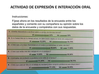ACTIVIDAD DE EXPRESIÓN E INTERACCIÓN ORAL
Instrucciones:
Fíjese ahora en los resultados de la encuesta entre los
españoles y comente con su compañera su opinión sobre los
datos de la encuesta y compárelos con sus respuestas.
 