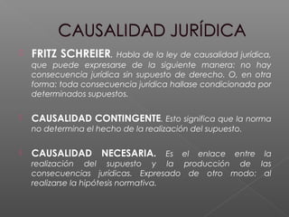  FRITZ SCHREIER. Habla de la ley de causalidad jurídica,
que puede expresarse de la siguiente manera: no hay
consecuencia jurídica sin supuesto de derecho. O, en otra
forma: toda consecuencia jurídica hallase condicionada por
determinados supuestos.
 CAUSALIDAD CONTINGENTE. Esto significa que la norma
no determina el hecho de la realización del supuesto.
 CAUSALIDAD NECESARIA. Es el enlace entre la
realización del supuesto y la producción de las
consecuencias jurídicas. Expresado de otro modo: al
realizarse la hipótesis normativa.
 