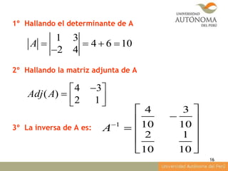 16
1 3
4 6 10
2 4
A    

1º Hallando el determinante de A
2º Hallando la matriz adjunta de A
4 3
( )
2 1
Adj A
 
   
1
4 3
10 10
2 1
10 10
A

 
 
  
 
 
3º La inversa de A es:
 