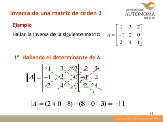 17
Ejemplo
Hallar la inversa de la siguiente matriz:
Inversa de una matriz de orden 3











142
021
231
A
1º Hallando el determinante de A
  
1 3 2 2 3
1 2 0 1 2
2 4 1 2 4
A
(2 0 8) (8 0 3) 11A        
 