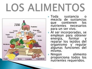    Toda      sustancia    o
    mezcla de sustancias
    que     contienen    los
    nutrientes necesarios
    para un ser vivo.
   Al ser incorporadas, se
    emplean para obtener
    energía,     formar    y
    reparar los tejidos del
    organismo y regular
    algunas funciones del
    mismo.
   Ningún          alimento
    proporciona todos los
    nutrientes requeridos.
 
