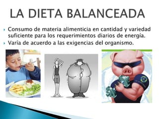    Consumo de materia alimenticia en cantidad y variedad
    suficiente para los requerimientos diarios de energía.
   Varía de acuerdo a las exigencias del organismo.
 