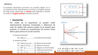 PANTALLA
El teodolito electrónico presenta una pantalla digital, en la
cual podemos leer directamente el azimut y el ángulo vertical
de cada punto observado; el azimut está indicado en donde
se lee H, y el ángulo vertical en donde se lee V.
 TAQUIMETRIA
Por medio de la taquimetría se pueden medir
indirectamente distancias horizontales y diferencias de
nivel, Se emplea este sistema cuando no se requiere gran
precisión, O cuando las características del terreno hacen
difícil y poco preciso el uso de la wincha.
 