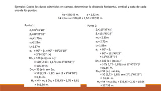 Ejemplo: Dados los datos obtenidos en campo, determinar la distancia horizontal, vertical y cota de cada
uno de los puntos.
 