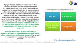 Bryk y Schneider (2002) introducen la teoría de la
confianza relacional, anclada en los intercambios
sociales entre las relaciones de actores clave en la
escuela. Los emparejamientos que se pueden construir
entre docentes, padres, estudiantes, directivos son el
foco de este enfoque. La confianza relacional describe la
medida en que hay sincronía en como un grupo
entiende sus expectativas y obligaciones, pero también
como otros grupos entienden esas mismas obligaciones
y expectativas. Por ejemplo, cuando los padres tienen
una visión sobre sus propias responsabilidades y
las responsabilidades del docente, y esta visión es
compartida por los docentes, decimos que hay
sincronía.
Para que la confianza relacional crezca y se
refuerce, el grupo de padres y docentes deben poder
observar el comportamiento del otro grupo, y ver que
es consistente con esas expectativas mutuas y
alineadas.
Respeto Competencia
Consideración
con otros
Integridad
En este tipo de literatura, usualmente hay 4 factores con los
que las personas evalúan su confianza en otro rol:
Forsyth, P. B., Barnes, L. L., & Adams, C. M. (2006). Trust‐effectiveness patterns in schools. Journal of Educational Administration.
Prof. J. Charles Yacupaico Villena.
 