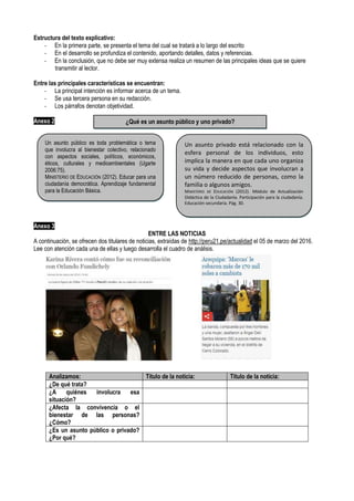 Estructura del texto explicativo:
- En la primera parte, se presenta el tema del cual se tratará a lo largo del escrito
- En el desarrollo se profundiza el contenido, aportando detalles, datos y referencias.
- En la conclusión, que no debe ser muy extensa realiza un resumen de las principales ideas que se quiere
transmitir al lector.
Entre las principales características se encuentran:
- La principal intención es informar acerca de un tema.
- Se usa tercera persona en su redacción.
- Los párrafos denotan objetividad.
Anexo 2
Anexo 3
ENTRE LAS NOTICIAS
A continuación, se ofrecen dos titulares de noticias, extraídas de http://peru21.pe/actualidad el 05 de marzo del 2016.
Lee con atención cada una de ellas y luego desarrolla el cuadro de análisis.
Analizamos: Título de la noticia: Título de la noticia:
¿De qué trata?
¿A quiénes involucra esa
situación?
¿Afecta la convivencia o el
bienestar de las personas?
¿Cómo?
¿Es un asunto público o privado?
¿Por qué?
Un asunto público es toda problemática o tema
que involucra al bienestar colectivo, relacionado
con aspectos sociales, políticos, económicos,
éticos, culturales y medioambientales (Ugarte
2006:75).
MINISTERIO DE EDUCACIÓN (2012). Educar para una
ciudadanía democrática. Aprendizaje fundamental
para la Educación Básica.
Un asunto privado está relacionado con la
esfera personal de los individuos, esto
implica la manera en que cada uno organiza
su vida y decide aspectos que involucran a
un número reducido de personas, como la
familia o algunos amigos.
MINISTERIO DE EDUCACIÓN (2012). Módulo de Actualización
Didáctica de la Ciudadanía. Participación para la ciudadanía.
Educación secundaria. Pág. 30.
¿Qué es un asunto público y uno privado?
 