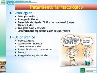 Empresa Pública Hospital de
Poniente
Tratamiento farmacológico
1.- Dolor agudo
 Dosis promedio
 Sinergia de fármacos
 Preferible vía rápida: IV, Mucosa oral/nasal (mayor
disponibilidad)
 Analgesia base y rescate
 Circunstancias especiales dolor postoperatorio
2.- Dolor crónico
 Individualizado
 Escalera o en ascensor
 Tratar comorbilidades
 Preferible vía oral, transmucosa
 Pautada
 Analgesia base y de rescate
 