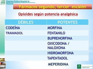 Empresa Pública Hospital de
Poniente
Fármacos segundo, tercer escalón
Opioides según potencia analgésica
DÉBILES POTENTES
CODEÍNA MORFINA
TRAMADOL FENTANILO
BUPRENORFINA
OXICODONA /
NALOXONA
HIDROMORFONA
TAPENTADOL
MEPERIDINA
 