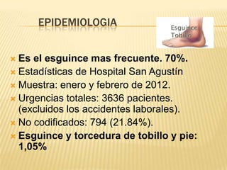 EPIDEMIOLOGIA


 Es el esguince mas frecuente. 70%.
 Estadísticas de Hospital San Agustín
 Muestra: enero y febrero de ...