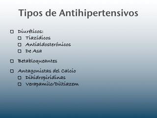 Tipos de Antihipertensivos
Diuréticos:
   Tiazídicos
   Antialdosterónicos
   De Asa
Betabloqueantes
Antagonistas del Calcio
  Dihidropiridinas
  Verapamilo/Diltiazem
 