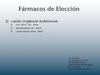 Fármacos de Elección
Lesión Orgánica Subclínica:
  HVI: IECA . AC . ARA
  Aterosclerosis: AC . IECA
  Lesión Renal: IECA . ARA




                              - Ds: Diuréticos
                              - AC: Antagonistas del Ca
                              - BB: Beta Bloqueantes
                              - ARA: Antagonistas del receptor
                              de Angiotensina
                              - IECA: Inhibidores de la ECA
 