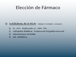 Elección de Fármaco


Inhibidores de la ECA:    Captopril, Enalapril, Lisinopril...

  IC. HVI. Disfunción VI. IAM. FA.
  Nefropatía diabética. Proteinuria/Oligoabluminuria.
  Aterosclerosis carotídea.
  Sd. Metabólico.
 