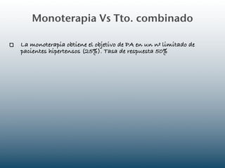 Monoterapia Vs Tto. combinado

La monoterapia obtiene el objetivo de PA en un nº limitado de
pacientes hipertensos (25%). Tasa de respuesta 50%
 
