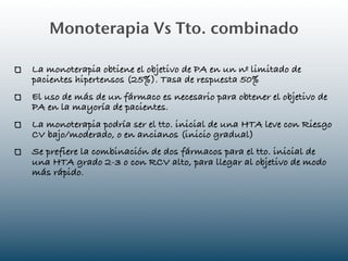 Monoterapia Vs Tto. combinado

La monoterapia obtiene el objetivo de PA en un nº limitado de
pacientes hipertensos (25%). Tasa de respuesta 50%
El uso de más de un fármaco es necesario para obtener el objetivo de
PA en la mayoría de pacientes.
La monoterapia podría ser el tto. inicial de una HTA leve con Riesgo
CV bajo/moderado, o en ancianos (inicio gradual)
Se prefiere la combinación de dos fármacos para el tto. inicial de
una HTA grado 2-3 o con RCV alto, para llegar al objetivo de modo
más rápido.
 