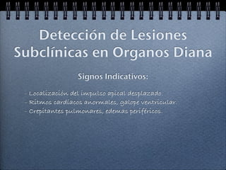 Detección de Lesiones
Subclínicas en Organos Diana
                  Signos Indicativos:

 - Localización del impulso apical desplazado.
 - Ritmos cardíacos anormales, galope ventricular.
 - Crepitantes pulmonares, edemas periféricos.
 