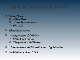 Tipos de Antihipertensivos
Diuréticos:
Tiazídicos
Antialdosterónicos
De Asa
Betabloqueantes
Antagonistas del Calcio
Dihidropiridinas
Verapamilo/Diltiazem
Antagonistas del Receptor de Angiotensina
Inhibidores de la ECA
 