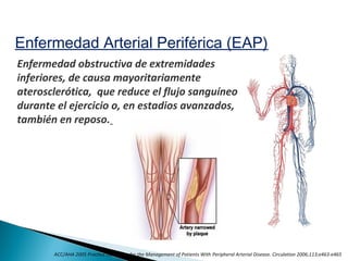 ACC/AHA 2005 Practice Guidelines for the Management of Patients With Peripheral Arterial Disease. Circulation 2006;113;e463-e465
Enfermedad obstructiva de extremidades
inferiores, de causa mayoritariamente
aterosclerótica, que reduce el flujo sanguíneo
durante el ejercicio o, en estadios avanzados,
también en reposo.
Enfermedad Arterial Periférica (EAP)
 