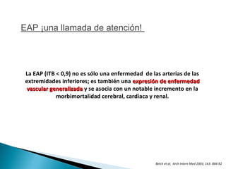 Belch et al, Arch Intern Med 2003; 163: 884-92
La EAP (ITB < 0,9) no es sólo una enfermedad de las arterias de las
extremidades inferiores; es también una expresión de enfermedadexpresión de enfermedad
vascular generalizadavascular generalizada y se asocia con un notable incremento en la
morbimortalidad cerebral, cardiaca y renal.
EAP ¡una llamada de atención!
 