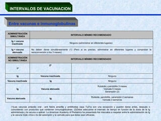 INTERVALOS DE VACUNACION Entre vacunas e inmunoglobulinas   ADMINISTRACIÓN SIMULTÁNEA INTERVALO MÍNIMO RECOMENDADO   Ig + vacuna inactivada   Ninguno (administrar en diferentes lugares)  Ig + vacuna atenuada   No deben darse simultáneamente (1) (Pero si es preciso, administrar en diferentes lugares y comprobar la seroconversión a los 3 meses) ADMINISTRACIÓN NO SIMULTÁNEA INTERVALO MÍNIMO RECOMENDADO   1ª 2ª  Ig Vacuna inactivada   Ninguno Vacuna inactivada   Ig Ninguno Ig Vacuna atenuada   Rubéola y parotiditis 3 meses Varicela 5 meses Sarampión (2) Vacuna atenuada   Ig Rubéola, parotiditis, sarampión 2 semanas Varicela 3 semanas (1)Las vacunas antipolio oral , anti fiebre amarilla y antitifoidea cepa Ty21a son una excepción y pueden darse antes, después o coincidiendo con productos que contienen inmunoglobulinas. (2)Debe adecuarse el intervalo de tiempo en función de la dosis de la Ig administrada y la vacuna a aplicar. La American Academy of Pediatrics ha presentado los intervalos a respetar entre la administración de Ig y la vacuna triple vírica o la del sarampión y la varicela para que éstas sean eficaces.  