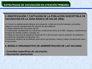 ESTRATEGIAS DE VACUNACIÓN EN ATENCIÓN PRIMARIA   3. IDENTIFICACIÓN Y CAPTACIÓN DE LA POBLACIÓN SUSCEPTIBLE DE VACUNACIÓN EN LA ZONA BÁSICA DE SALUD (ZBS). a) Conocer la realidad epidemiológica de la situación: incidencia de enfermedades vacunables, cobertura vacunal, planteamiento de estudios de serovigilancia. b) Utilizar sistemas de información del CS.  c) Colaboración intersectorial con colectivos o instituciones diana de la ZBS: colegios y residencias de ancianos de carácter público o privado, etc.  d) Utilizar los servicios de Asistencia Social del CS o del municipio para la captación de población o de colectivos marginales (inmigrantes, etc).  e) Educación sanitaria de la población para vencer las barreras, miedos y falsas concepciones sobre la vacunación. 4. MODELO ORGANIZATIVO DE ADMINISTRACIÓN DE LAS VACUNAS  Consultas específicas de vacunación  Vacunación oportunista  