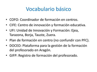 Vocabulario básico 
• COFO: Coordinador de formación en centros. 
• CIFE: Centro de innovación y formación educativa. 
• UFI: Unidad de Innovación y Formación: Ejea, 
Tarazona, Borja, Tauste, Zuera. 
• Plan de formación en centro (no confundir con PFC). 
• DOCEO: Plataforma para la gestión de la formación 
del profesorado en Aragón. 
• GIFP: Registro de formación del profesorado. 
 