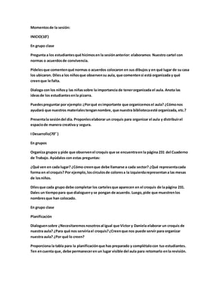 Momentosde la sesión:
INICIO(10’)
En grupo clase
Pregunta a los estudiantesqué hicimosen la sesiónanterior: elaboramos Nuestro cartel con
normas o acuerdosde convivencia.
Pídelesque comentenqué normas o acuerdos colocaron en sus dibujos y en qué lugar de su casa
los ubicaron. Dilesa los niñosque observensu aula, que comentensi está organizada y qué
creenque le falta.
Dialoga con los niñosy las niñassobre la importancia de tenerorganizada el aula. Anota las
ideasde los estudiantesenla pizarra.
Puedespreguntar por ejemplo:¿Porqué esimportante que organicemosel aula? ¿Cómonos
ayudará que nuestros materialestengannombre, que nuestra bibliotecaesté organizada, etc.?
Presentala sesióndel día. Proponleselaborar un croquis para organizar el aula y distribuirel
espaciode manera creativa y segura.
I Desarrollo(70’´)
En grupos
Organiza grupos y pide que observenel croquis que se encuentraen la página 231 del Cuaderno
de Trabajo. Ayúdalos con estas preguntas:
¿Qué ven en cada lugar? ¿Cómo creenque debe llamarse a cada sector? ¿Qué representacada
forma en el croquis? Por ejemplo,loscírculosde coloresa la izquierdarepresentana las mesas
de losniños.
Dilesque cada grupo debe completar los cartelesque aparecen en el croquis de la página 231.
Dales un tiempopara que dialogueny se pongan de acuerdo. Luego,pide que muestrenlos
nombresque han colocado.
En grupo clase
Planificación
Dialoguensobre ¿Necesitaremosnosotrosal igual que Víctor y Daniela elaborar un croquis de
nuestra aula? ¿Para qué nos serviríael croquis?¿Creenque nos puede servir para organizar
nuestra aula? ¿Por qué lo creen?
Proporciona la tabla para la planificaciónque has preparado y complétalocon tus estudiantes.
Ten encuenta que, debe permaneceren un lugar visible del aula para retomarlo enla revisión.
 
