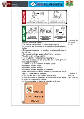 -Forman grupos de trabajo.
-Escriben lo que significa y qué acciones realizar.
-La docente va de grupo en grupo absolviendo algunas
dudas.
-Revisan su propuesta y lo escriben en el papelote que se
les entrega.
-Un representante del grupo sale al frente y expone:
*Saluda, se presenta y expone:
-Los estudiantes realizan preguntas al grupo.
-Una vez contestadas las preguntas la docente pide un
aplauso para el grupo.
-Escriben en el cuaderno de Personal Social:
Acciones a realizar antes.
Acciones a realizar durante.
Acciones a realizar después de un sismo.
-Leen información contenida en el libro de Personal Social
pág. 111: Defensa Civil y sismos.
-Participamos en un simulacro a nivel de aula.
-Pasamos al aula y describen acciones realizadas según
el orden en que se desarrollaron.
-La docente coloca el siguiente cartel en la pizarra:
Cuaderno de
Personal
Social
Cuaderno y
texto de
comunicación
DEFENSA
CIVIL TAREA DE
TODOS
 