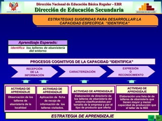 CARACTERIZACIÓN EXPRESIÓN  O  RECONOCIMIENTO ESTRATEGIA DE APRENDIZAJE Observación de los talleres de ebanistería de la localidad Aplicación de  ficha de recojo de información de  los talleres visitados. Elaboración de directorio de los talleres de ebanistería del entorno clasificandolos por tamaño de la empresa y por el tipo de producto que oferta Elaboración una lista de de talleres de ebanisteria que tienen mayor y menor capacidad de producción que el taller de la IIEE ACTIVIDAD DE APRENDIZAJE ACTIVIDAD DE APRENDIZAJE ACTIVIDAD DE APRENDIZAJE ACTIVIDAD DE APRENDIZAJE Aprendizaje Esperado: identifica   los talleres de ebanistería del entorno PROCESOS COGNITIVOS DE LA CAPACIDAD “IDENTIFICA” RECEPCIÓN DE LA  INFORMACIÓN ESTRATEGIAS SUGERIDAS PARA DESARROLLAR LA CAPACIDAD ESPECÍFICA  “IDENTIFICA” 