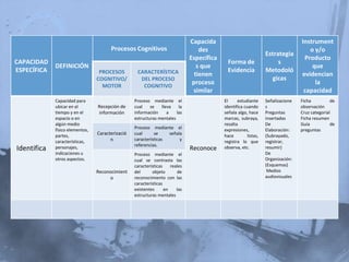 Capacida                                            Instrument
                                       Procesos Cognitivos                        des                                                o y/o
                                                                                                                  Estrategia
                                                                              Específica                                           Producto
CAPACIDAD                                                                                    Forma de                  s
             DEFINICIÓN                                                          s que                                                que
ESPECÍFICA                        PROCESOS         CARACTERÍSTICA                            Evidencia            Metodoló
                                                                                tienen                                            evidencian
                                 COGNITIVO/         DEL PROCESO                                                     gicas
                                   MOTOR             COGNITIVO
                                                                               proceso                                                 la
                                                                               similar                                             capacidad
             Capacidad para                       Proceso mediante el                      El     estudiante      Señalizacione   Ficha          de
             ubicar en el        Recepción de     cual    se   lleva    la                 identifica cuando      s               observación
             tiempo y en el      información      información     a    las                 señala algo, hace      Preguntas       Cruz categorial
             espacio o en                         estructuras mentales                     marcas, subraya,       insertadas      Ficha resumen
             algún medio                                                                   resalta                De              Guía           de
             físico elementos,                    Proceso mediante el                      expresiones,           Elaboración:    preguntas
             partes,             Caracterizació   cual      se    señala                   hace         listas,   (Subrayado,
             características,          n          características      y                   registra lo que        registrar,
                                                  referencias.
Identifica   personajes,                                                      Reconoce     observa, etc.          resumir)
             indicaciones u                       Proceso mediante el                                             De
             otros aspectos.                      cual se contrasta las                                           Organización:
                                                  características    reales                                       (Esquemas)
                                 Reconocimient    del      objeto       de                                         Medios
                                      o           reconocimiento con las                                          audiovisuales
                                                  características
                                                  existentes      en    las
                                                  estructuras mentales
 