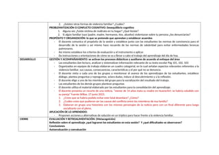 2. ¿Existen otras formas de violencia familiar? ¿Cuáles?
PROBLEMATIZACIÓN O CONFLICTO COGNITIVO: Desequilibrio cognitivo
1. Alguna vez ¿fuiste víctima de maltrato en tu hogar? ¿Qué hiciste?
2. Si algún familiar tuyo (padre, madre, hermanos, tíos, abuelos) violentaran sobre tu persona ¿los denunciarías?
PROPÓSITO Y ORGANIZACIÓN: lo que se pretende que aprendan y establecer acuerdos
- El docente comunica el propósito de la sesión y establece junto con las estudiantes las normas de convivencia para el
desarrollo de la sesión y así mismo hace recuerdo de las normas de salubridad para evitar enfermedades broncas
pulmonares.
- Así mismo establece los criterios de evaluación y el instrumento a aplicar.
- Da instrucciones y orientaciones de cómo se va a llevar a cabo el trabajo del aprendizaje del día de hoy.
DESARROLLO GESTIÓN Y ACOMPAÑAMIENTO: se activan los procesos didácticos y auxiliares de acuerdo al enfoque del área
- Las estudiantes dan lectura, analizan y sistematizan información relevante de su texto escolar Pág 101, 102, 103
- Organizados en equipos de trabajo elaboran un cuadro categorial, en la cual señalan aspectos relevantes referentes a la
violencia familiar, sus causas, consecuencias, características y el por qué no se denuncia.
- El docente visita a cada uno de los grupos a monitorear el avance de los aprendizajes de las estudiantes, establece
diálogo, plantea preguntas y repreguntas, aclara dudas, induce al descubrimiento y a la reflexión.
- El docente elige a uno de los miembros del grupo para la socialización del resultado del trabajo.
- Las estudiantes de los demás grupos plantean preguntas
- El docente utiliza el material elaborado por las estudiantes para la consolidación del aprendizaje.
- El docente presenta un recorte de una noticia, “menor de 14 años mata su madre en Huarochiri; se habría coludido con
su pareja” Fuente Willax, 27 junio 2023.
1. ¿Crees que se habría podido evitar este fatal desenlace? ¿Cómo?
2. ¿Cuáles crees que pudieron ser las causas del conflicto entre los miembros de esa familia?
3. Elaboran en grupo una historieta con los mismos personajes de la noticia pero con un final diferente para luego
socializarlo con el pleno.
APLICACIÓN DE LO APRENDIDO:
- Proponen acciones y alternativas de solución en un tríptico para hacer frente a la violencia familiar.
CIERRE EVALUACIÓN Y RETROALIMENTACIÓN: (Metacognición)
Reflexión sobre el aprendizaje ¿qué lograron los estudiantes en esta sesión? Y ¿qué dificultades se observaron?
Conclusiones
Autoevaluación y coevaluación
 