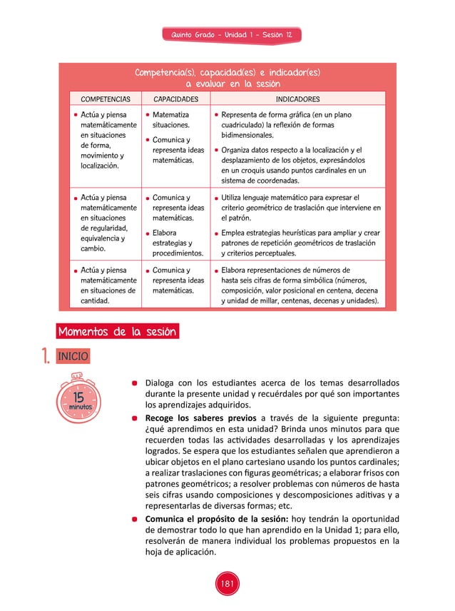 Sesión de Aprendizaje 12 de Unidad Didáctica 01 del Área de Matemática