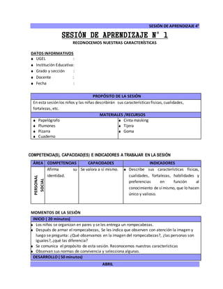 SESIÓN DE APRENDIZAJE 4°
ABRIL
SESIÓN DE APRENDIZAJE N°1
RECONOCEMOS NUESTRAS CARACTERÍSTICAS
DATOS INFORMATIVOS
 UGEL :
 Institución Educativa:
 Grado y sección :
 Docente :
 Fecha :
COMPETENCIA(S), CAPACIDAD(ES) E INDICADORES A TRABAJAR EN LA SESIÓN
ÁREA COMPETENCIAS CAPACIDADES INDICADORES
PERSONAL
SOCIAL
Afirma su
identidad.
Se valora a sí mismo.  Describe sus características físicas,
cualidades, fortalezas, habilidades y
preferencias en función al
conocimiento de símismo, que lo hacen
único y valioso.
MOMENTOS DE LA SESIÓN
INICIO ( 20 minutos)
 Los niños se organizan en pares y se les entrega un rompecabezas.
 Después de armar el rompecabezas, Se les indica que observen con atención la imagen y
luego se pregunta: ¿Qué observamos en la imagen del rompecabezas?, ¿las personas son
iguales?, ¿qué las diferencia?
 Se comunica el propósito de esta sesión. Reconocemos nuestras características
 Observan sus normas de convivencia y selecciona algunas.
DESARROLLO ( 50 minutos)
PROPÓSITO DE LA SESIÓN
En esta sesión los niños y las niñas describirán sus características físicas, cualidades,
fortalezas, etc.
MATERIALES /RECURSOS
 Papelógrafo
 Plumones
 Pizarra
 Cuaderno
 Cinta masking
 Tijera
 Goma
 