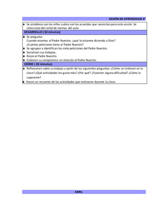 SESIÓN DE APRENDIZAJE 4°
ABRIL
 Se establece con los niños cuáles son los acuerdos que necesitan para esta sesión. Se
selecciona del cartel de normas del aula.
DESARROLLO ( 50 minutos)
 Se pregunta:
Cuando rezamos el Padre Nuestro, ¿qué le estamos diciendo a Dios?
¿Cuántas peticiones tiene el Padre Nuestro?
 Se agrupan y identifican las siete peticiones del Padre Nuestro.
 Socializan sus trabajos.
 Rezan el Padre Nuestro.
 Elaboran su compromiso en relación al Padre Nuestro.
CIERRE ( 20 minutos)
 Reflexionan sobre su trabajo a partir de las siguientes preguntas: ¿Cómo se sintieron en la
clase? ¿Qué actividades les gusto más? ¿Por qué? ¿Tuvieron alguna dificultad? ¿Cómo la
superaron?
 Hacen un recuento de las actividades que realizaron durante la clase.
 